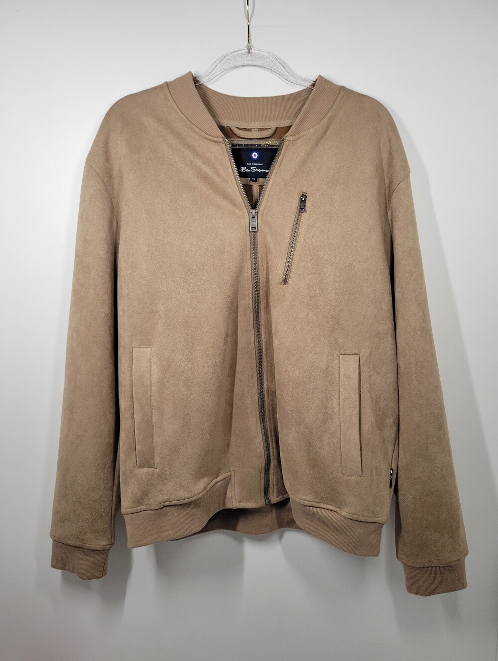 Ben Sherman Tan Faux Suede Full Zip Pockets Bomber Jacket Men Size XL